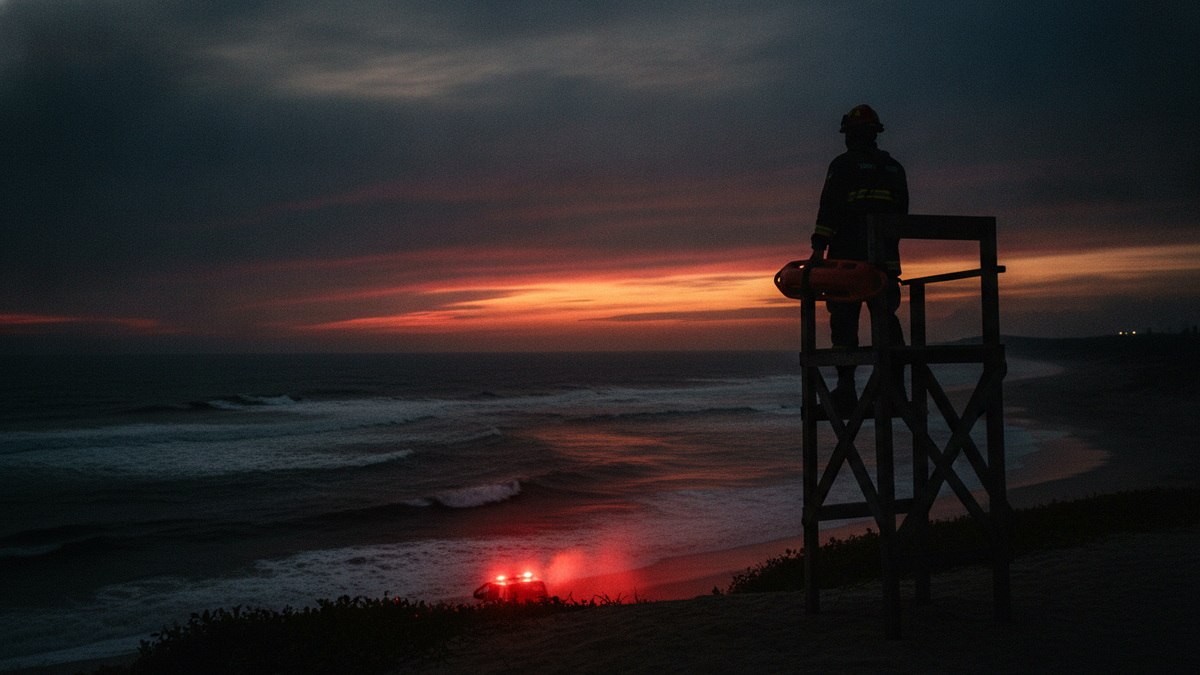 Guarda-vidas em posto elevado observando o mar ao entardecer, com canal de corrente de retorno visível entre as arrebentações