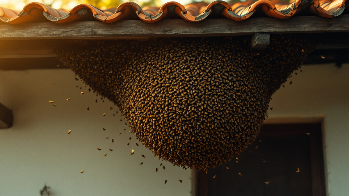 Enxame de abelhas em forma de bola, pendurado no beiral do telhado de uma casa, numa manhã de primavera