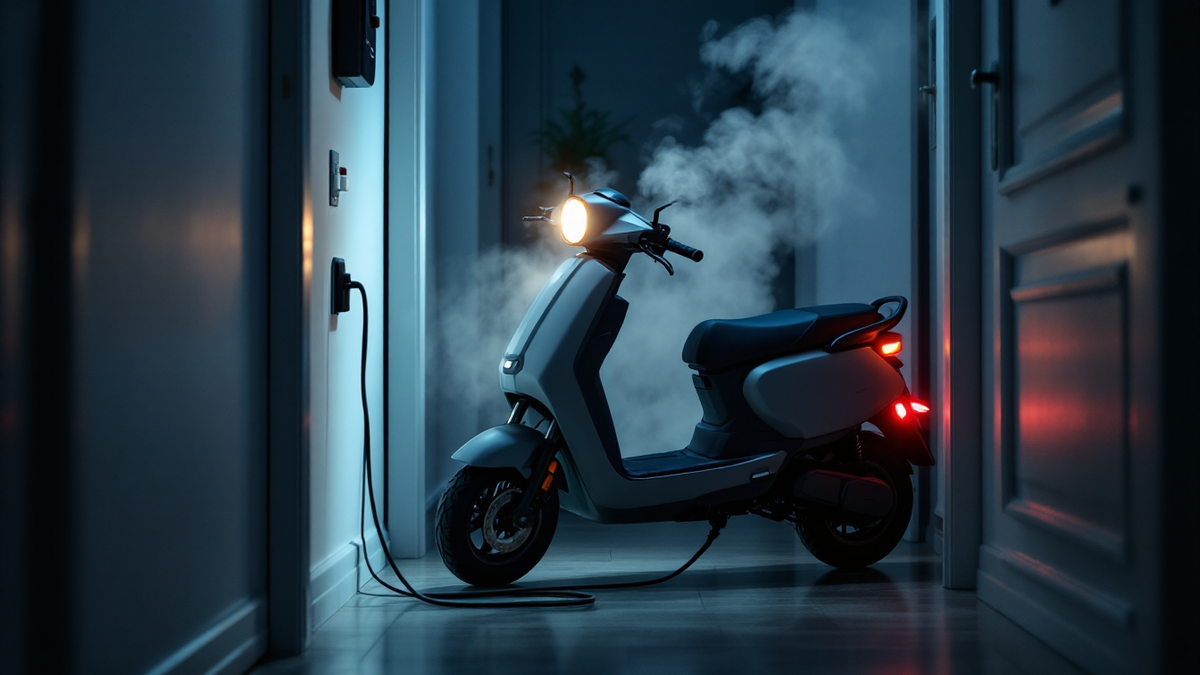Scooter elétrica com assento carregando à noite no corredor de um apartamento, o caminho de saída, com fumaça branca saindo da scooter e nenhuma chama visível