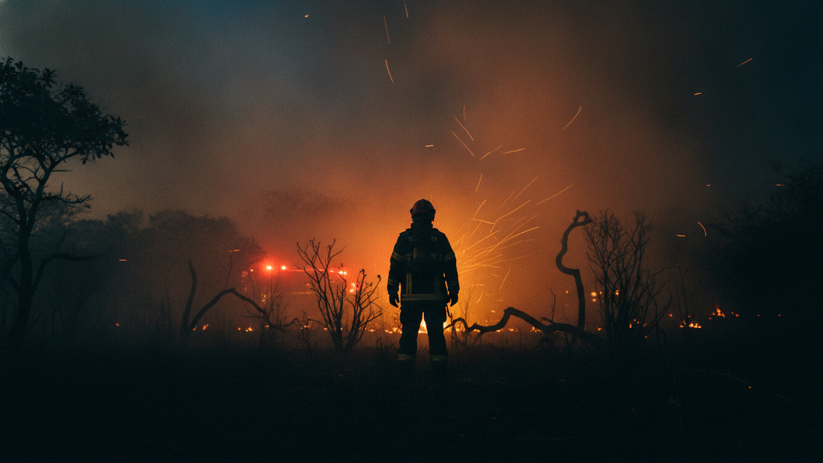 Bombeiro militar diante de um incêndio de vegetação no cerrado, ao entardecer, com fagulhas no ar