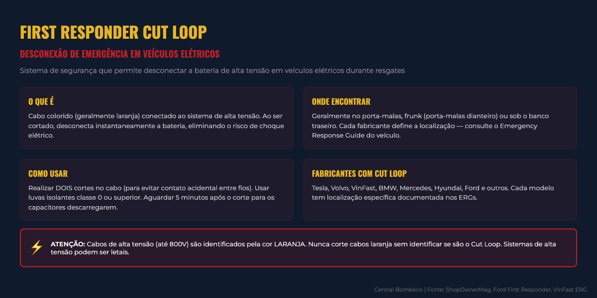 Infográfico: First Responder Cut Loop — desconexão de emergência em veículos elétricos. Fonte: ShopOwnerMag, Ford First Responder, VinFast ERG